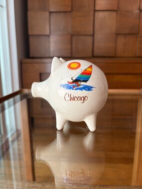 TLC White Chicago Piggy Bank with Rainbow Sailboat